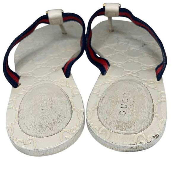 Gucci GG Web Stripe Thong Sandals EU 38.5 US 8.5 White Flip Flop Slide Flat Heel - Picture 5 of 12